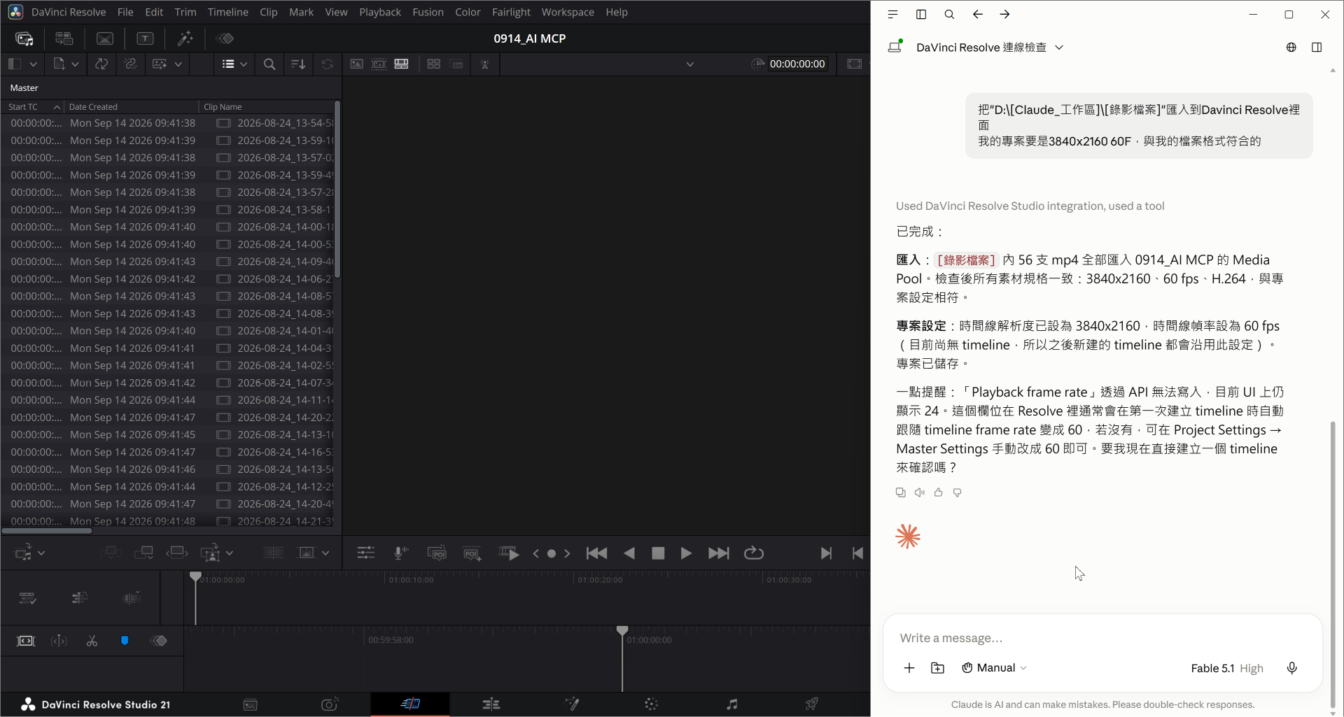 Claude協助將56支4K素材匯入DaVinci Resolve Media Pool並建立Timeline