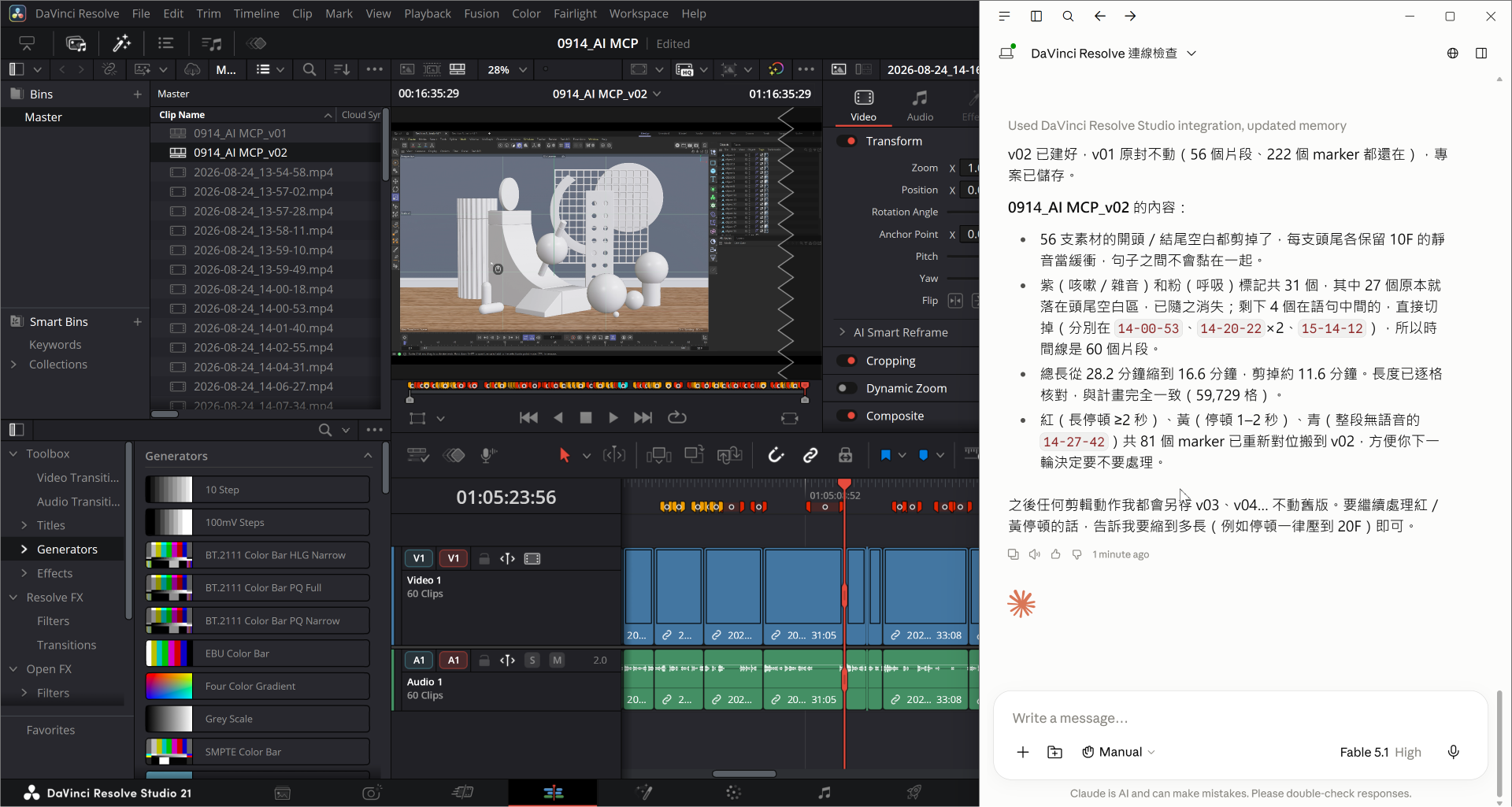Claude依音訊分析結果建立DaVinci Resolve多版本粗剪Timeline