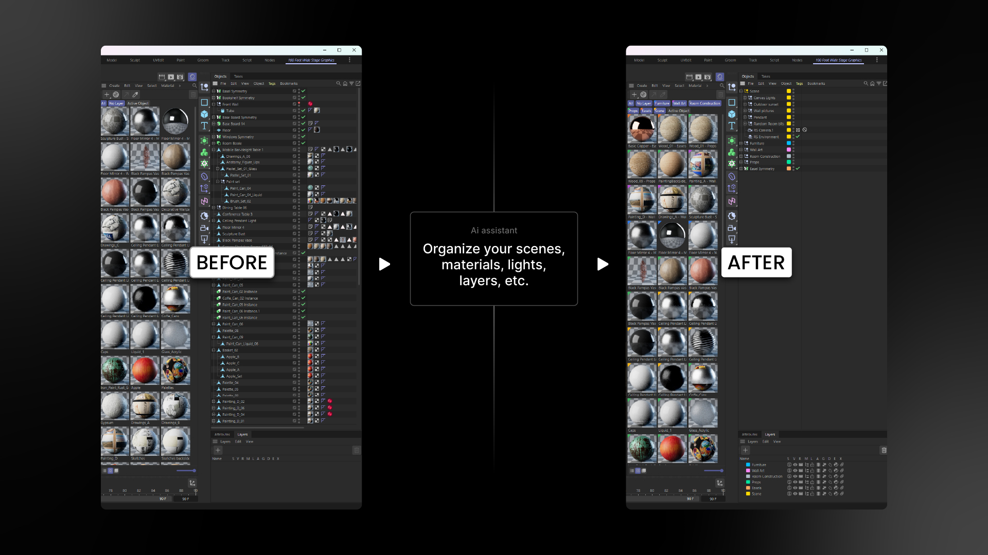Cinema 4D MCP Server AI 輔助工作流程前後效果示意