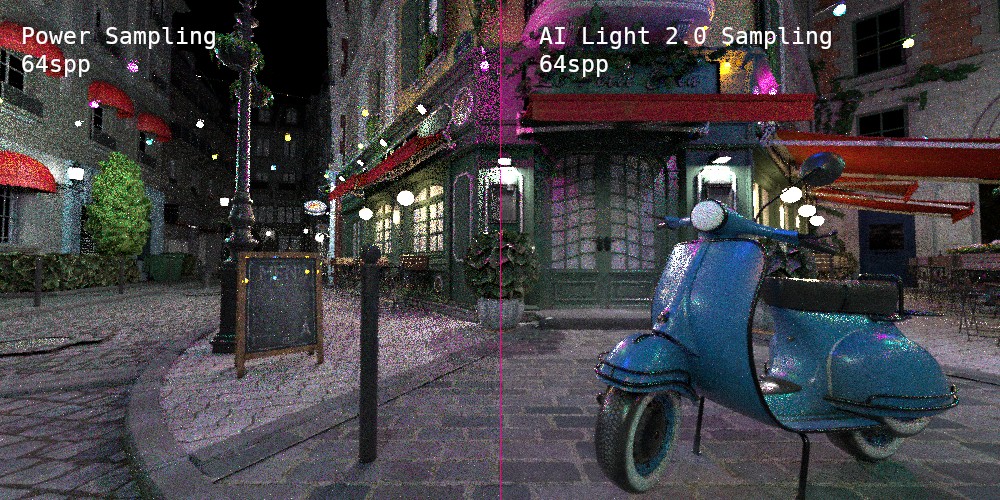 OctaneRender AI Light 2.0 與傳統光源取樣效果比較